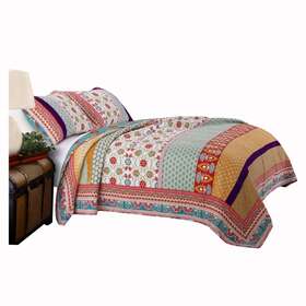 Bm116977 Benjara Geometric And Floral Print King Size Quilt Set With 2 Shams Multicolor