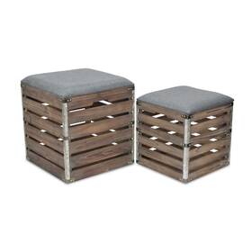 Homeroots Living Room 512822857428 Set Of 2 Square Gray Linen Fabric And Wood Slats Storage Benches
