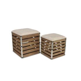 Homeroots Living Room 512822857435 Set Of 2 Square Brown Linen Fabric And Wood Slats Storage Benches