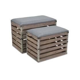 Homeroots Living Room 512822857442 Set Of 2 Rectangular Gray Linen Fabric And Wood Slats Storage Benches