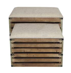 Homeroots Living Room 512822857459 Set Of 2 Rectangular Brown Linen Fabric And Wood Slats Storage Benches