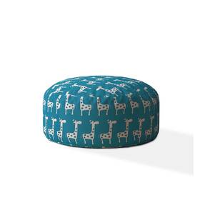 Homeroots Living Room 606114664703 24 Inch Blue And White Cotton Round Giraffe Pouf Ottoman