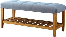 Homeroots Living Room 689211806467 40 Inch Blue And Brown Upholstered Polyester Bench With Shelves