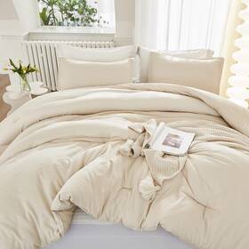 Litanika 100956371213 Oversized King Comforter 128x120 Beige 3 Pieces Lightweight Solid Bedding