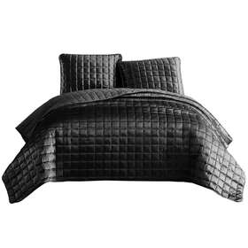 Bm225238 Saltoro Sherpi 3 Piece Queen Size Coverlet Set With Stitched Square Pattern Dark Gray-