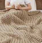 Madison Park Chunky Knit Handmade Throw Blanket Size 50X60 Color Tan Nip. Fixed Price $58.00.