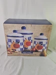 3 Piece Canister Set Blue And White Check Ceramic Apple & Pear Design New In Box. Fixed Price $30.94.