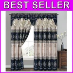 Elegant Jacquard Window Curtain Panel Set With Fancy Valance - Navy Blue. Fixed Price $66.79.
