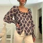 Ophelia & Indigo Smocked Puff Sleeve Button Front Blouse Navy/blue Size. Fixed Price $47.95.