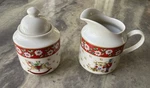 Charlton Hall Christmas Cream & Sugar Rocking Horse Drum Soldier Poinsettia. Fixed Price $12.99.