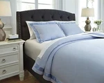 New Ashley Furniture Home Farday Soft Blue Satin Trim Queen Duvet Cover Set 3PC. Fixed Price $122.19.