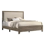 Benjara Shannon King Panel Bed With Nailhead Trim- Ivory Fabric- Gray Wood. Fixed Price $369.64.