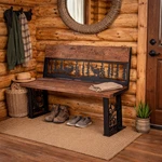 Rustic Elk & Pine Tree Entryway Bench Solid Wood Seat With Metal Wildlife Des. Fixed Price $350.00.