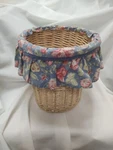 Wicker Round Waste Basket With Waverly Masterpiece Blue Floral Fabric Trim. Fixed Price $38.99.