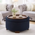 Round Storage Ottoman With Reversible Tray Lid Boucle Fabric Footstool Navy. Fixed Price $235.12.
