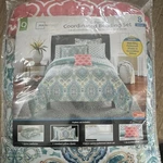 Mainstays Queen 8-PIECE Bed-in-a-bag Damask Bedding Set Blue White Pink. Fixed Price $85.00.
