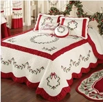 Christmas K Holly Wreath Embroidered Ivory Luxury Holiday Bedding Quilted. Fixed Price $124.99.