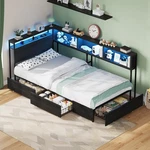 Corner Twin Bed Frame With 3 Storage Drawers, Led & Charging. Fixed Price $179.99.