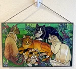 Joan Baker Tiffany Stained Glass Cats Rectangle 10 X 16.5 Suncatcher Art Panel. Fixed Price $98.00.