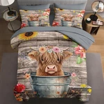 5 Pcs Twin Size Comforter Set With Pillowcase & Sham, Highland Cow Flower Bed.... Fixed Price $91.27.
