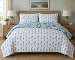 Coastal Bedding King Set Quilt 2 Shams Nautical Beach Seahorse Shells Reversible. Fixed Price $63.75.