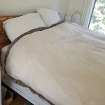 Pottery Barn Duvet Cover Queen Brownstone Linen Blend Silk Trim Feather. Fixed Price $150.00.