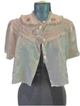 Vintage Bed Jacket Pink Silk Satin Lace Trim Ruffle Floral Tie Front Antique. Fixed Price $99.99.