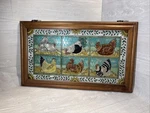 Rare 21.5WX13H Joan Baker Homestead Stained Wire Glass Chicks & Hens Panel. Fixed Price $80.74.