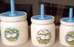 Vintage Ceramic Canister Set Of 3 With Blue Lids Duck Design Country Kitchen. Fixed Price $43.75.