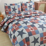 Stars Stripes Plaid Navy Red Rustic Cabin 3PC Quilt Set Full Queen King Coverlet. Fixed Price $73.90.